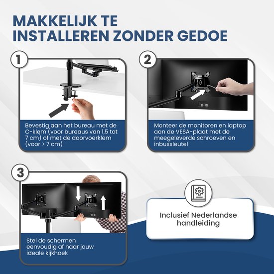 TTD - Monitorarm für 2 Monitore und 1 Laptop - Vollständig drehbar - Höhenverstellbar - Aluminium - Schwarz