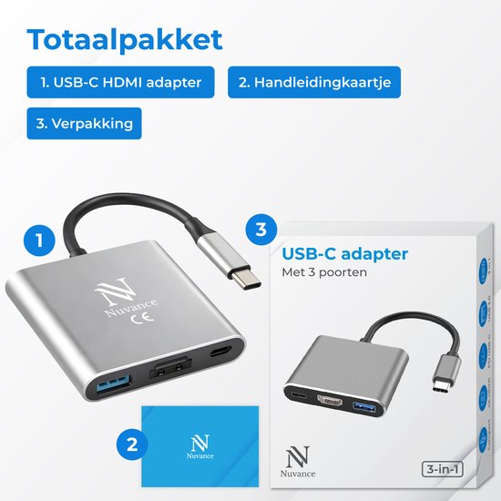 Nuvance USB C zu HDMI Adapter - USB C HDMI - USB Hub - UBS C zu USB A - 4K HDMI Splitter - PD100W Laptop Aufladung