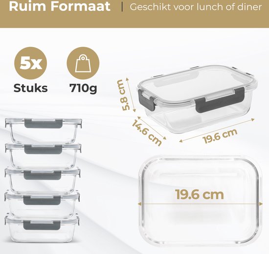 Stosh Meal Prep Trays - Frischhalteschalen - Gefrierschalen - Luftdicht - 5 Stück - 1L - BPA frei - Glas