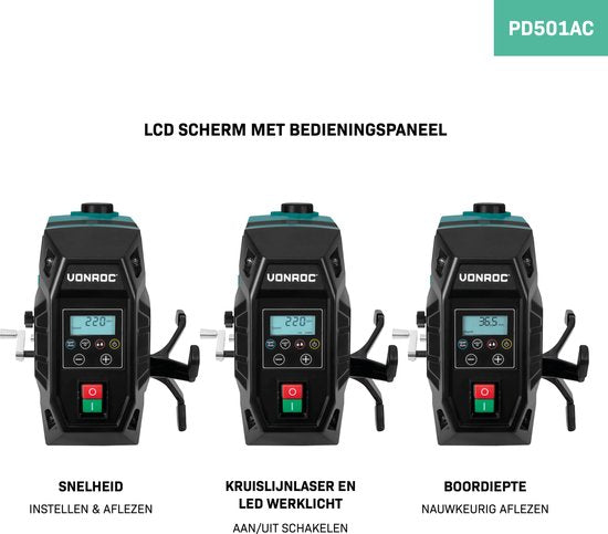 VONROC Säulenbohrmaschine 900W - Tischbohrmaschine - Digitales Bedienfeld mit LCD-Display - Kreuzlinienlaser und LED-Arbeitsleuchte - Inkl. Schnellspanner, Bohrzwinge und Parallelführung