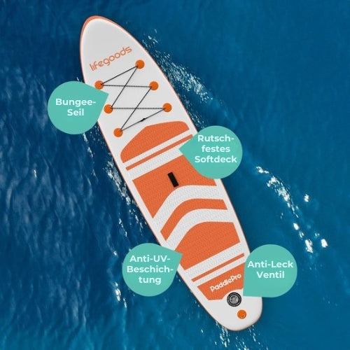 LifeGoods PaddlePro SUP Board - Aufblasbares - Komplettset - Max. 135KG - 320x81cm - Weiß/Orange