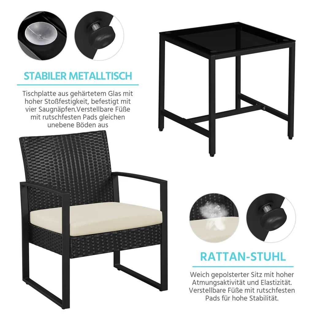 Yaheetech Gartenmöbel-Set, 3-teilig – Schwarz/Beige – Balkon-Set aus Polyrattan mit Beistelltisch und Glasplatte
