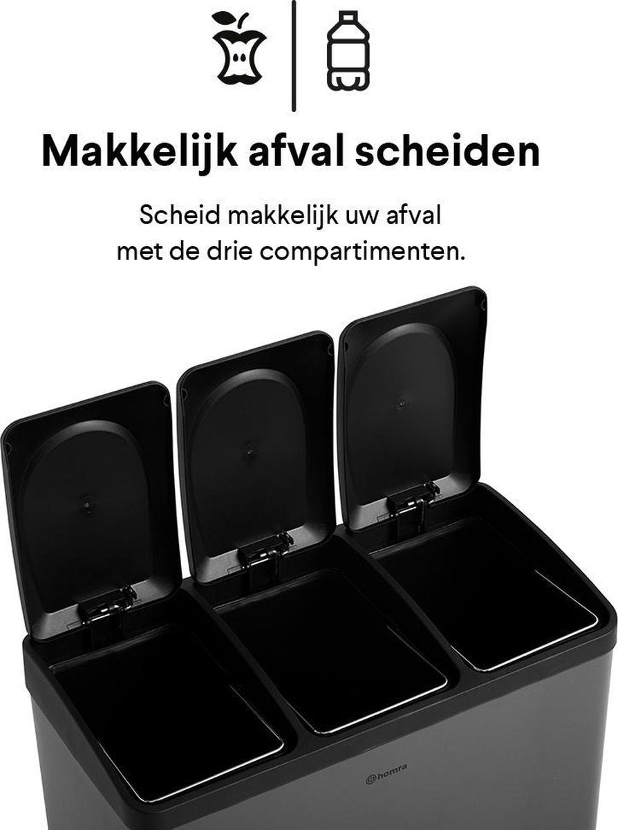 Homra MAXER Mülleimer - 3 Fächer - 60 Liter (3x 20L) - Tret-Abfalleimer - Grau
