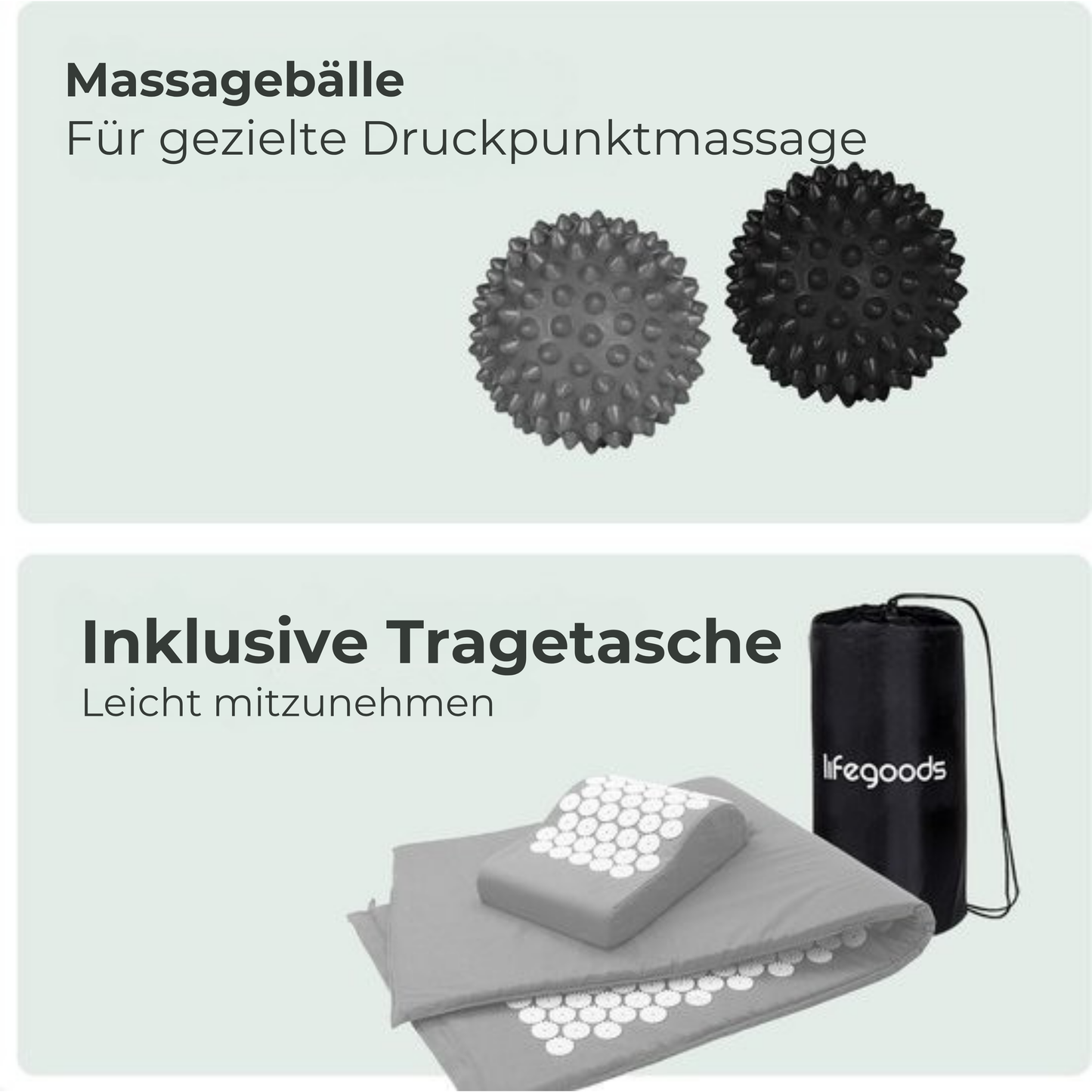 LifeGoods Akupressurmatte XL - Mit Kissen - Shakti-Matte - Nagelmatte inkl. 2x Triggerpunktball - 128x48x2cm - Grau/Weiß