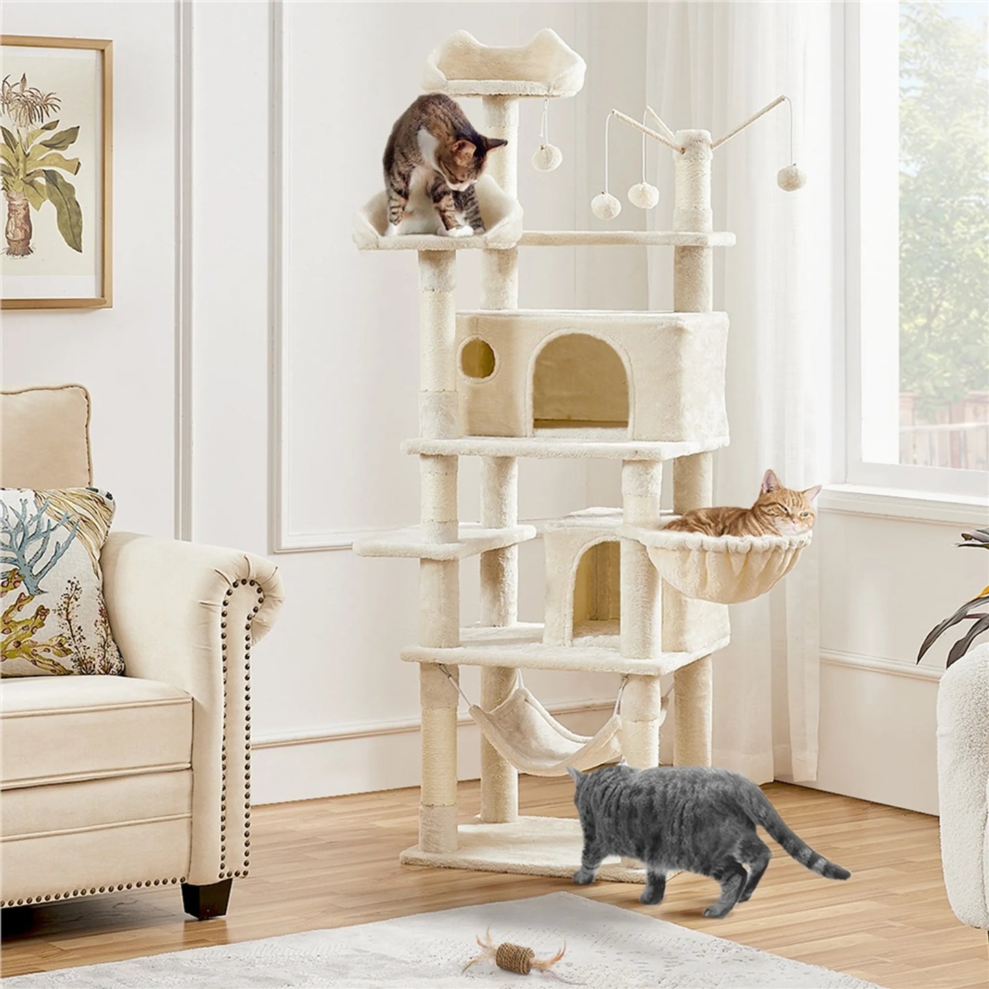 Yaheetech Kratzbaum 170 cm – Beige – XL – 5 Ebenen – 2 Katzenhöhlen – Hängematte – 7 Sisalstangen
