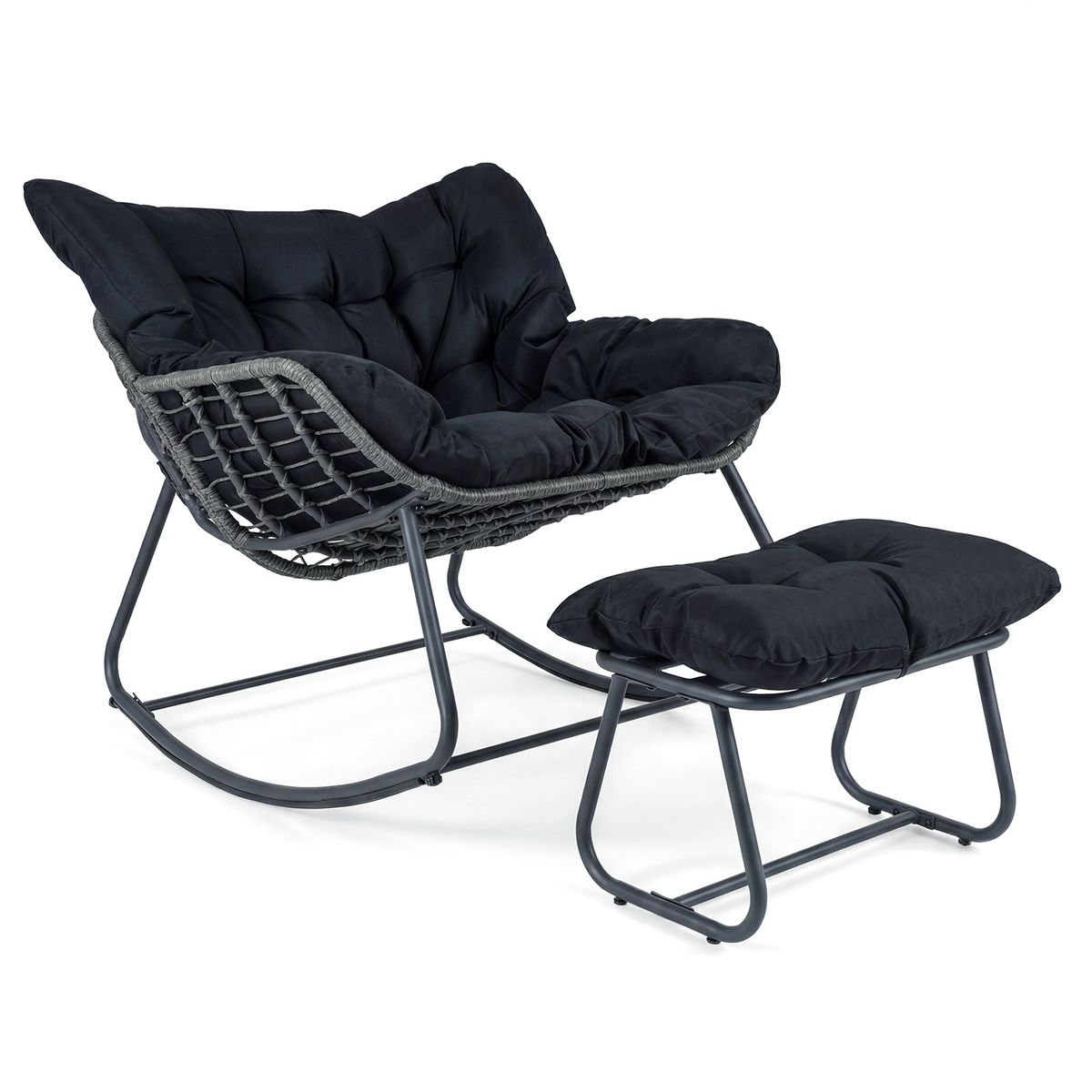 Coast Schaukelstuhl mit Fußhocker – ergonomisches Design – Metallgestell mit PE-Rattan – schwarz