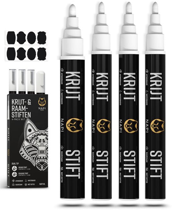 NAPI 4 Kreidemarker weiß - abwaschbar - Fenstermarker 3 & 6mm - Kreidemarker für Tafel & Fenster - Whiteboardmarker - Whiteboardmarker - Glasmarker - Kreidemarker - Porzellan - Glas - Inkl. 20 Sticker