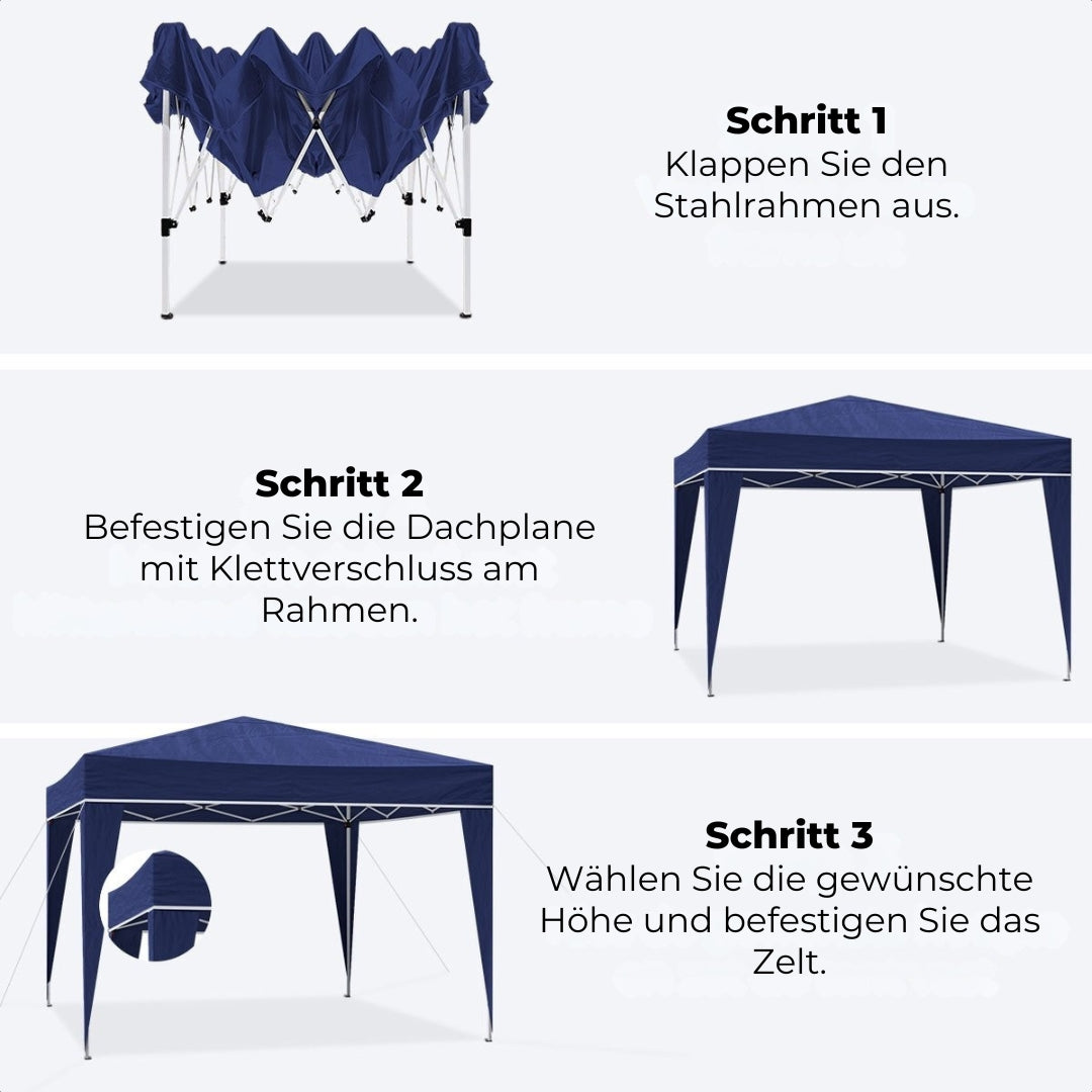 LifeGoods Partyzelt - Pavillon - 3x3 m - faltbar - wasserdicht - mit Rädern - blau