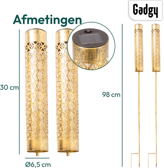 Gadgy Solar-Gartenbeleuchtung – 2x Standlampen mit flackerndem Flammeneffekt – Goldmetall – LED-Stimmungslampen mit Solarbetrieb – Für den Außenbereich – Wetterfest – 98 cm hoch – Erdspieß