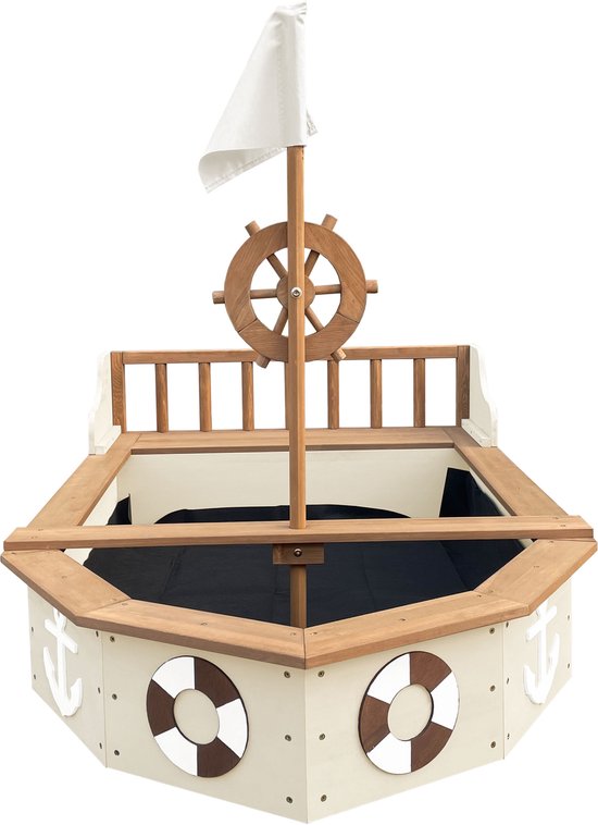 AXI Doris Boot-Sandkasten mit Aufbewahrungsbank, beige – mit Flagge und Holzsteuerrad – inklusive Abdeckplane und Bodenplane – 10 Jahre Garantie!