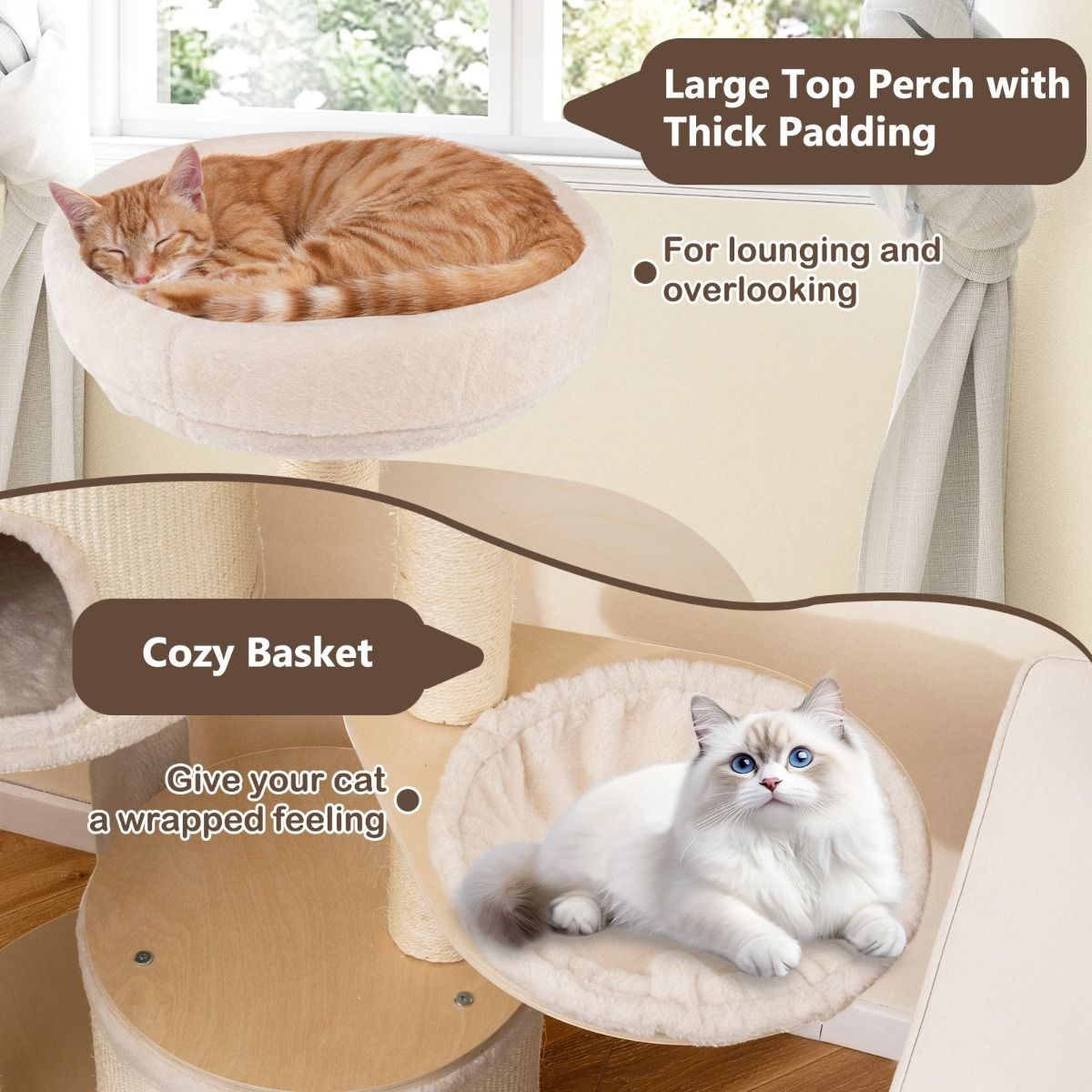 Coast Kratzbaum für Katzen – 2 Katzenhäuschen – Korb und Spielball – 152 cm – naturfarben