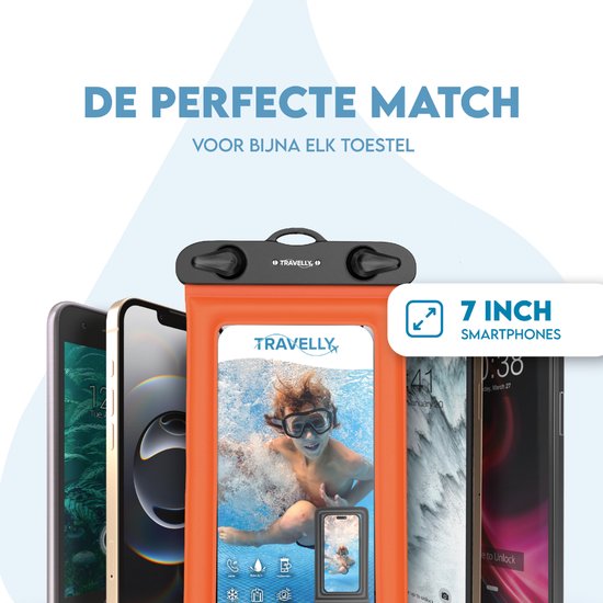 Travelly ® - Wasserdichte Handytasche 2er Set - Universelle Unterwassertasche für Smartphone - Geeignet für alle Handys - Drybag - Für Urlaub, Schwimmen & Wassersport - Schwarz/Orange