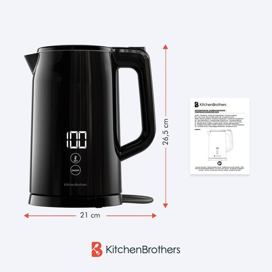 KitchenBrothers - Wasserkocher - Mit Temperaturregelung - Elektrisch - Kalkfilter - Warmhaltefunktion - Display - 1,7L - 2200W - Schwarz