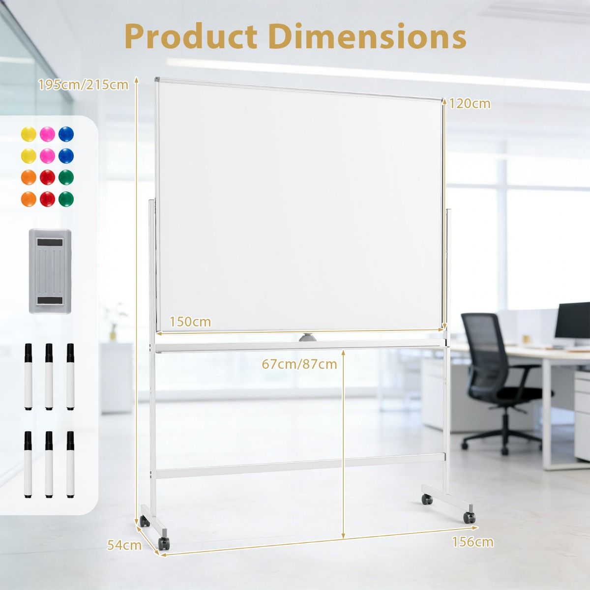 Coast Mobiles Whiteboard – Doppelseitige Magnettafel – Höhenverstellbar – Mit Rollen – Weiß 150 x 120 cm