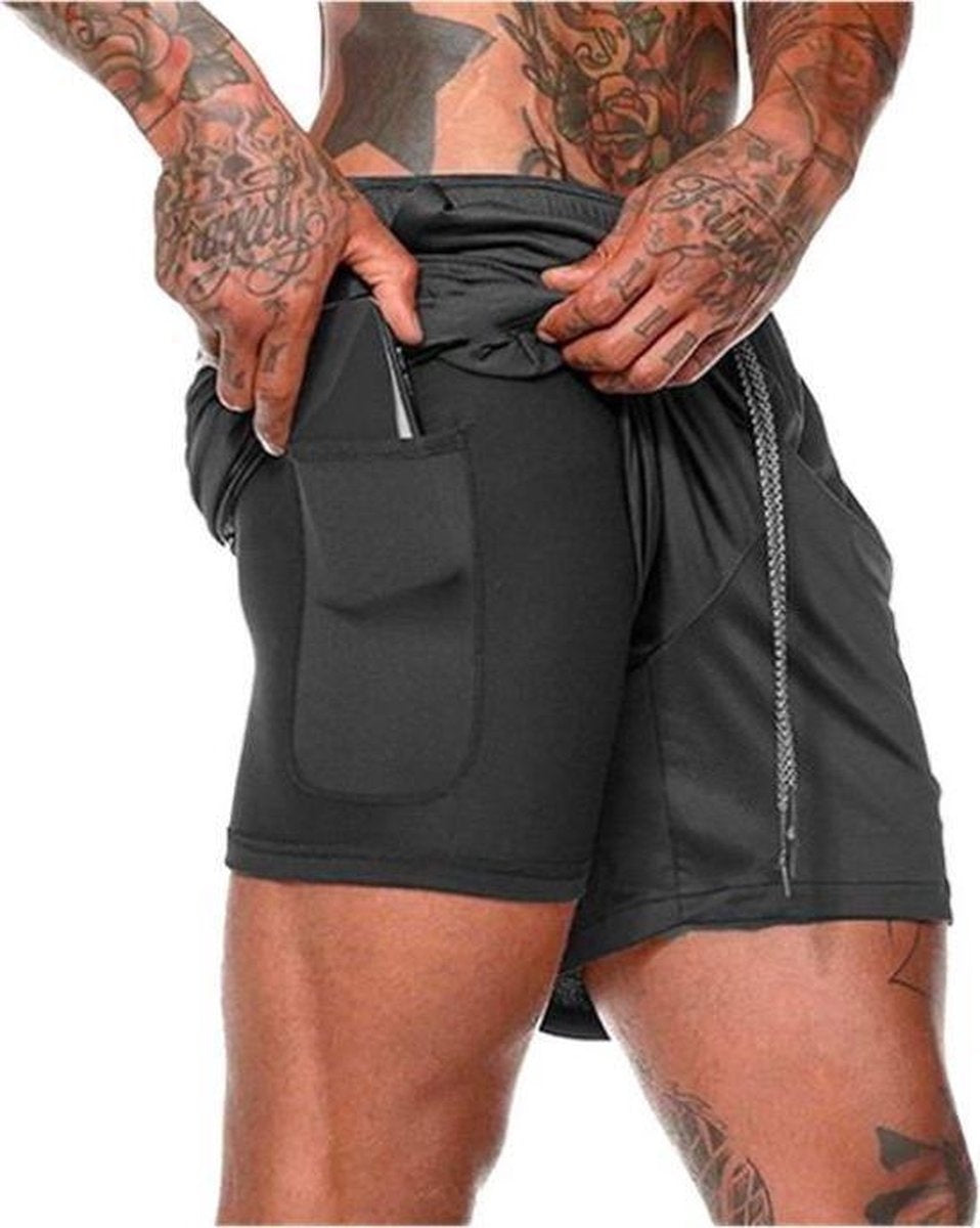 MW - Sporthose für Männer - Größe M & 2-in-1 Design - Ausgestattet mit Handytasche und elastischem Bund - Für Fitnessstudio und Laufen - Schwarzes Polyester