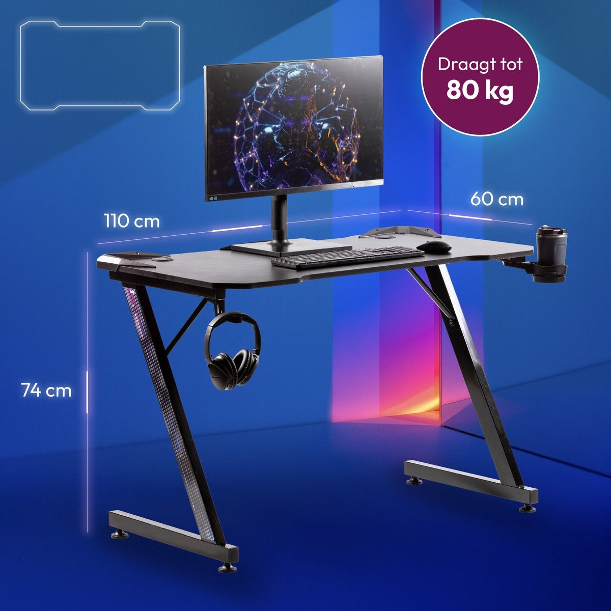 Gadgy Game Desk Carbon - Gaming Desk 110 CM Wide - Gaming Desk mit Carbon Details - Gaming Tisch mit Kopfhörerhalter, Tassenhalter & Kabeltunnel - Level Up Gaming mit Gadgy - Black Carbon