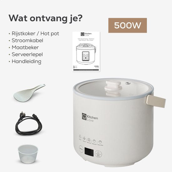 KitchenLove Reiskocher - 0.4L - Multikocher - Langsamkocher - 1 bis 2 Personen - Klein - Cremeweiß