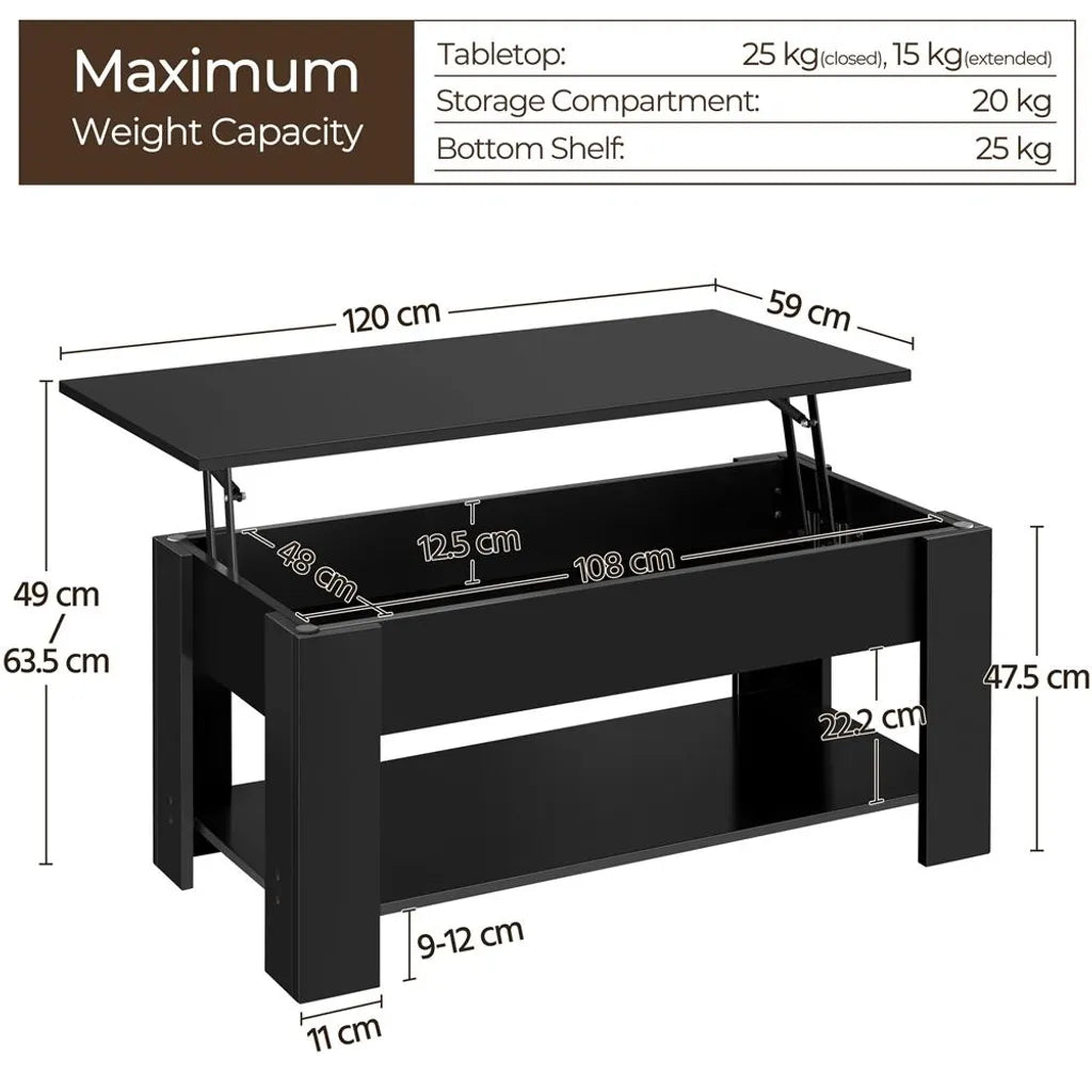Yaheetech Couchtisch 120 x 59 cm – Schwarz – Verstellbarer Couchtisch mit Stauraum und Hebemechanismus