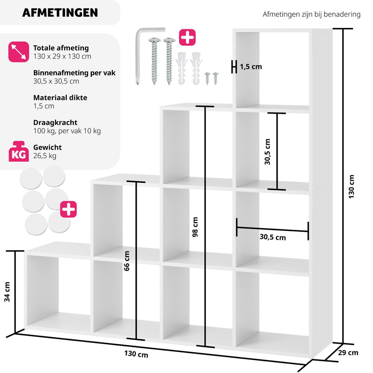 tectake Bücherregal Talisa - Offenes Bücherregal mit 10 Fächern - Treppendesign - 130 x 29 x 130 cm - Weiß