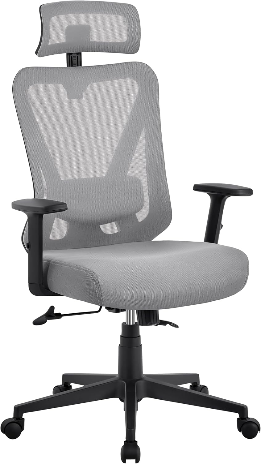 Yaheetech Ergonomischer Bürostuhl mit verstellbarer Lendenwirbelstütze und Kopfstütze 70 × 70 × 125 cm Hellgrau