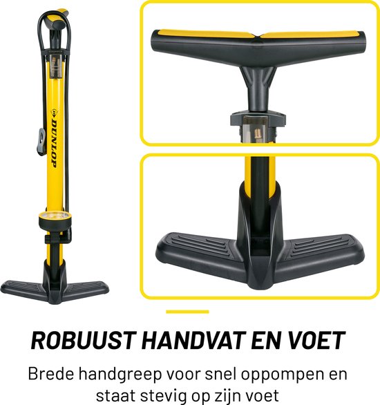 Dunlop Fahrradpumpe mit Manometer - Fahrradpumpe für Dunlop, Schrader und französische Ventile - Standpumpe inkl. Adapter für Wasserspielzeug und Bälle