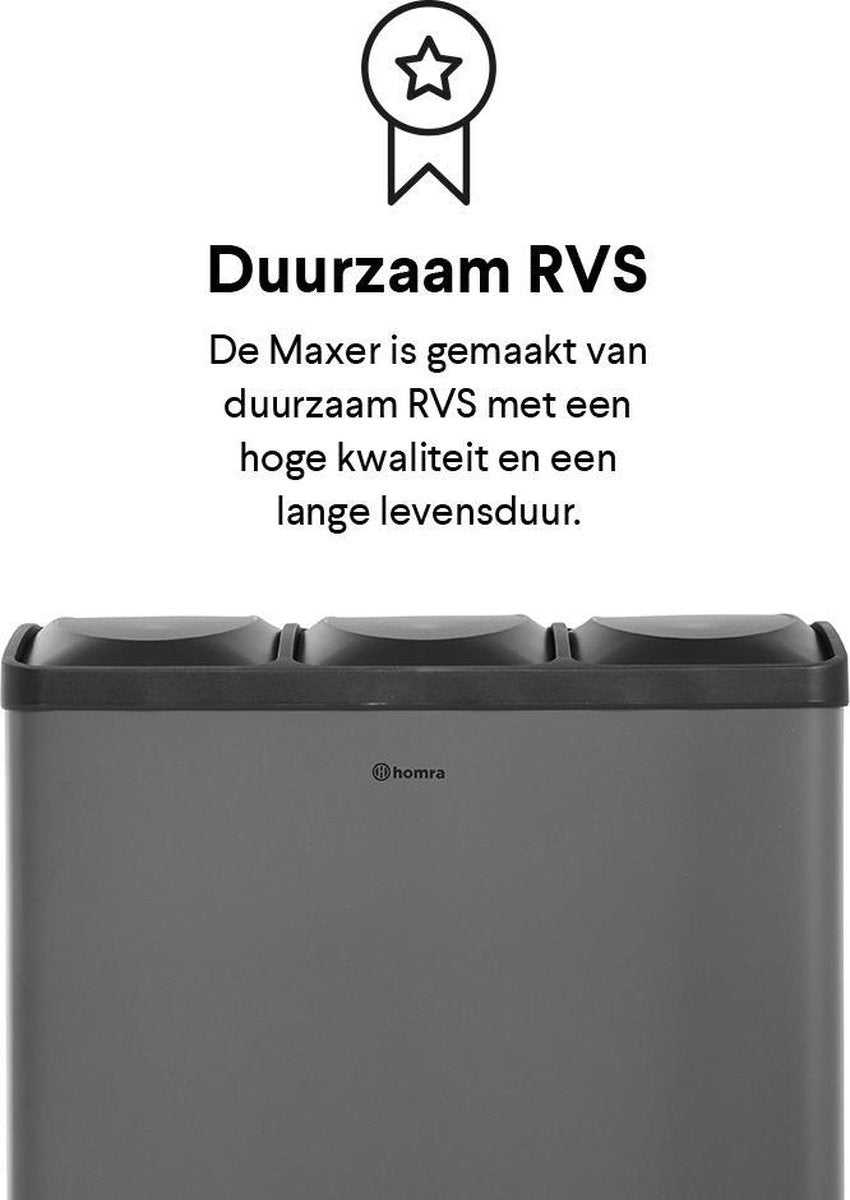 Homra MAXER Mülleimer - 3 Fächer - 60 Liter (3x 20L) - Tret-Abfalleimer - Grau