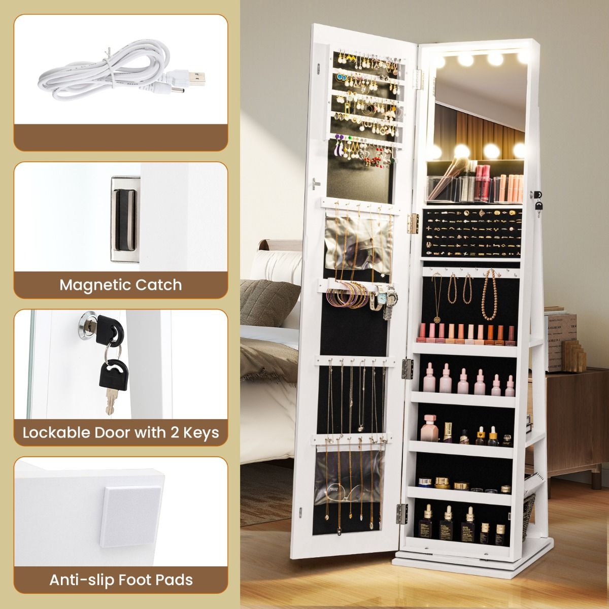 Coast 360° drehbarer Schmuckschrank mit Durchgangsspiegel und LED-Beleuchtung - Weiß - 43 x 38 x 160 cm
