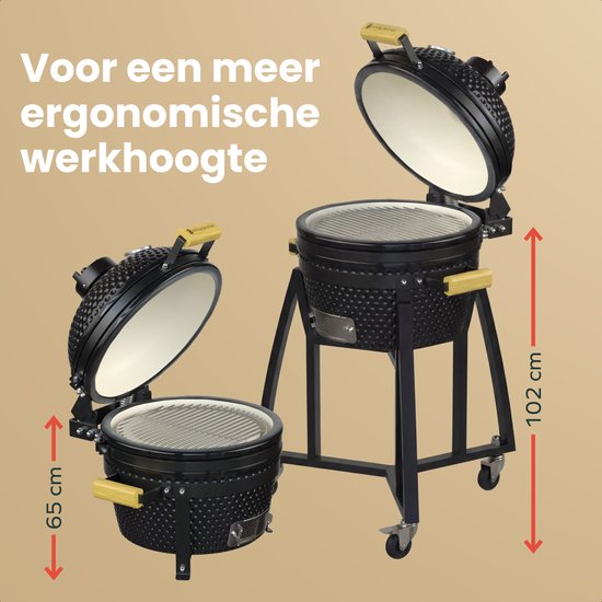 KitchenBrothers Kamado BBQ Sockel - Für 41⌀ cm - Geeignet für 16-Zoll KitchenBrothers Kamado - 102 cm Höhe - Mit Rädern und Bremse - Schwarz