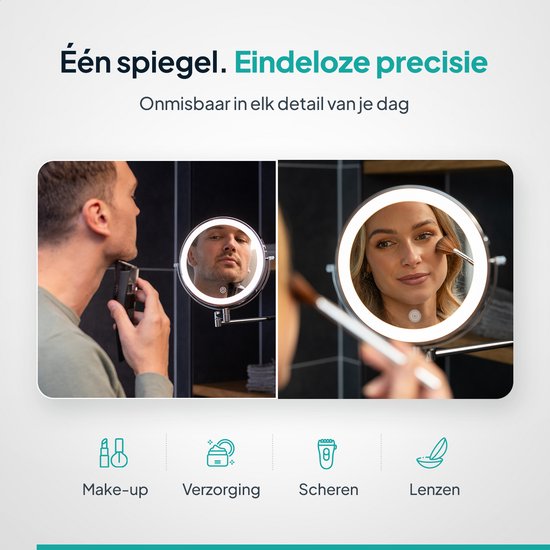 Mirlux Make-up-Spiegel mit LED-Beleuchtung - Wiederaufladbar - 5-fache Vergrößerung - Vergrößerungsspiegel mit Licht - Rasierspiegel - Badezimmerspiegel - Chrom