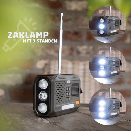 BREND Notfallradio - Mit DAB und FM - Bluetooth-Lautsprecher - SOS-Alarm - Powerbank - LED-Taschenlampe - USB-C - Mit Solarpanel und Kurbel