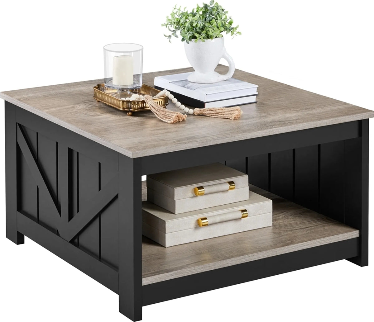 Yaheetech Couchtisch Quadratisch - 80 x 80 x 45 cm - Mit geräumigem Ablagefach und Scheunentür Design und Holzmaserung Furnier - Für Wohnzimmer und Sitzbereich - Grau E1 MDF