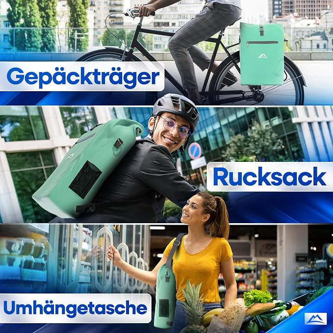 Nextcover 3-in-1-Fahrradtasche, Rucksack und Umhängetasche, 25 Liter – wasserdicht und PVC-frei – mit Laptopfach – für E-Bikes geeignet – Coin