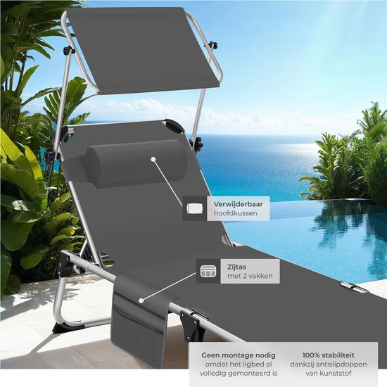 tectake® Liege Aurelie mit Sonnendach und Kissen - Liege - Sonnenliege - Klappbare Balkonliege aus Aluminium - Wetterfeste Gartenliege für Garten, Balkon, Camping und Strand - Verstellbare Rückenlehne mit Kissen - Anthrazit
