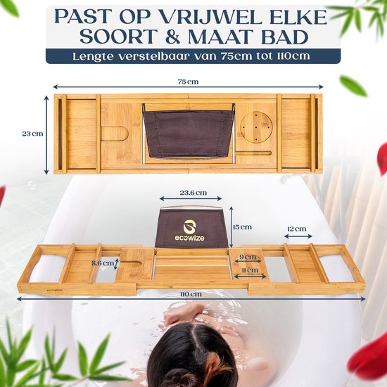 Ecowize - Luxuriöses Bambus-Badetablet - mit Buchhalterung - ausziehbar - 75cm bis 110cm - Bambus