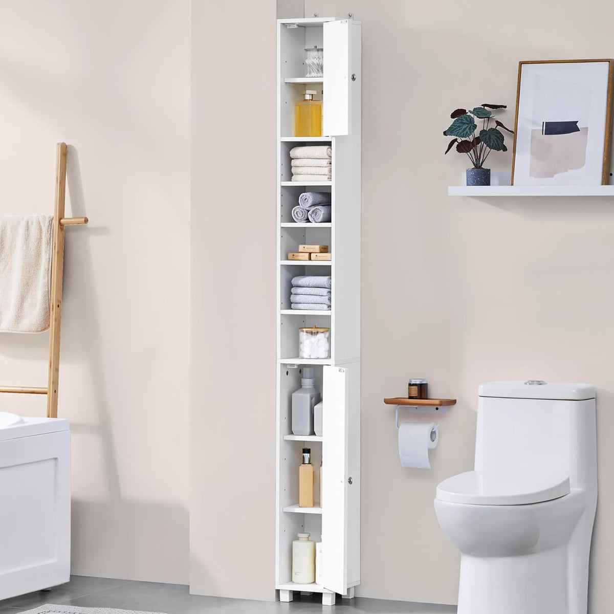Yaheetech Schmaler Badezimmerschrank mit 6 verstellbaren Einlegeböden, 20 × 20 × 180,5 cm, weiß