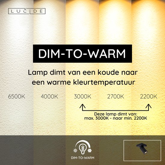 Lucide TAYLOR – Deckenstrahler (Deckenleuchte) für das Badezimmer – LED „Dim to warm“ – GU10 – 1×5 W 2200 K/3000 K – IP44 – Schwarz