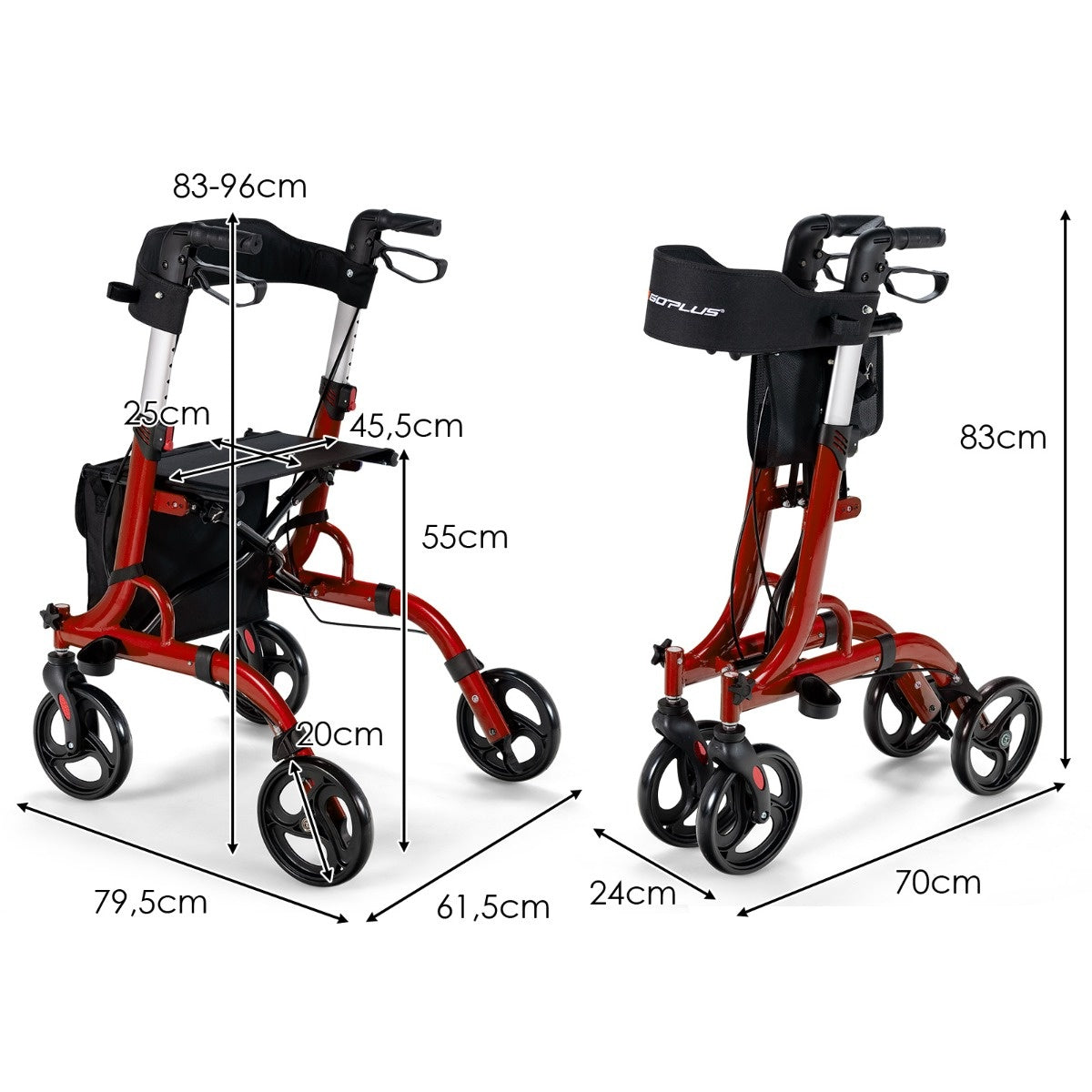 Coast 2-in-1-Rollstuhl und Rollator mit Sitz und Tasche und Platzhalter faltbar und hellrot