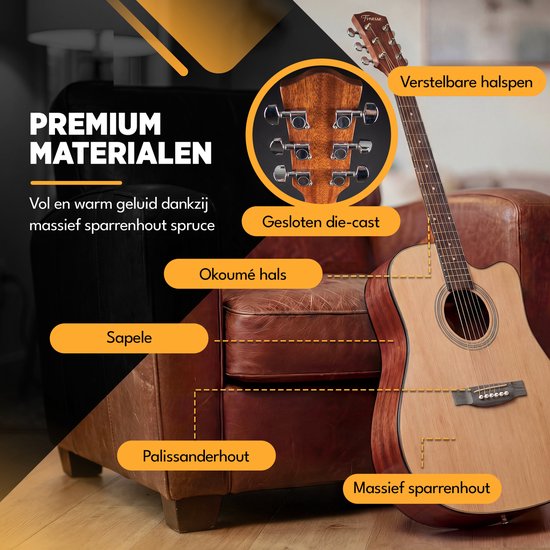 Finesse Premium Akustikgitarre – mit Videokurs – 4/4 41" – Massives Fichtenholz – Western-Gitarre – Gitarre für Kinder und Erwachsene – Natur