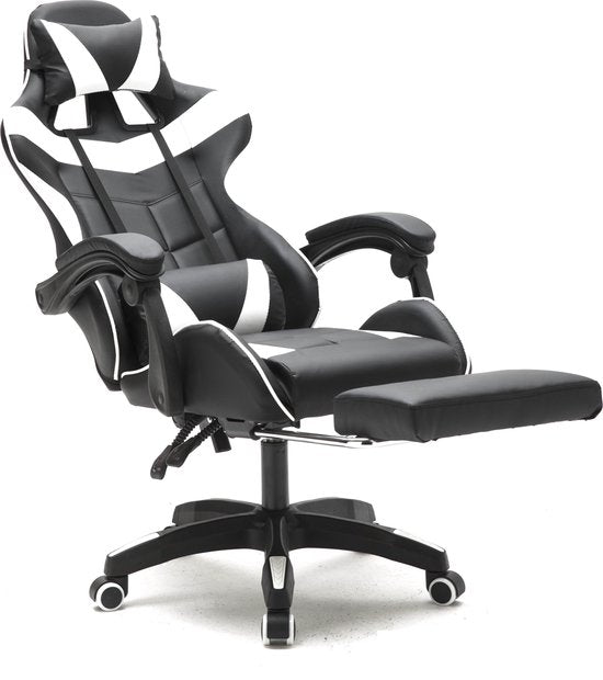VDD Game Chair - Ausziehbar - Max. 110kg - Inkl. Nackenkissen - 128 x 63 x 50cm - Schwarz & Weiß