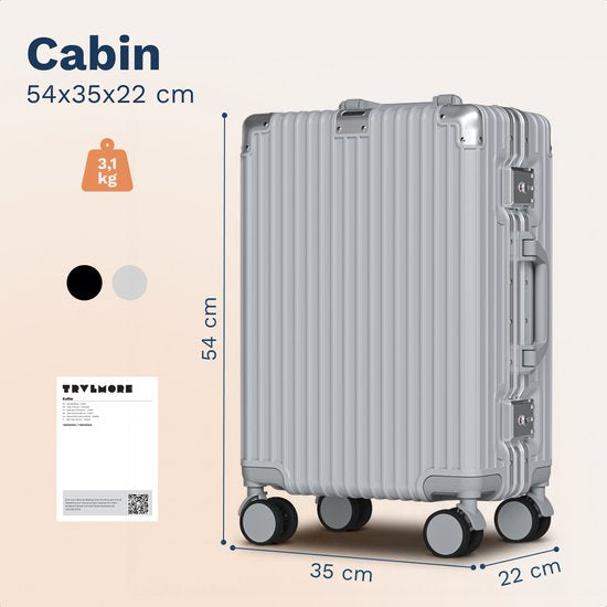 TRVLMORE Premium-Handgepäckkoffer – 54 x 35 x 22 cm – 360°-Drehrollen – Doppeltes TSA-Zahlenschloss – Polycarbonat – Ohne Reißverschluss – 40 Liter – Silber