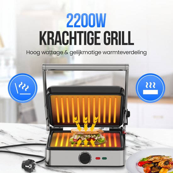 Strex Sandwichgerät XL mit Temperaturregelung - Kontaktgrill groß / Sandwicheisen / Toaster / Grillgerät / Panini Grill - PFAS frei - 2200W