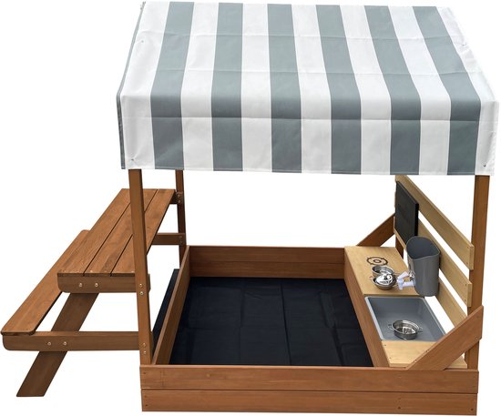 AXI Bo Sandkasten & Spielhaus 159 x 105 cm mit Spielküche und Picknicktisch, braun – FSC-Holz – Mit Kreidetafel und 6-teiligem Sandkasten-Zubehörset – Inklusive Abdeckplane und Bodenvlies – 10 Jahre Garantie