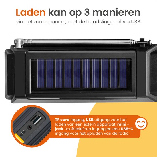Goliving Emergency Radio - 17 x 9 x 4 cm - Tragbares Radio - Powerbank Solar aufrollbar - Taschenlampe aufladbar - Digitaler Wecker - Bluetooth - 10000 mAH - 80 dB - Schwarz
