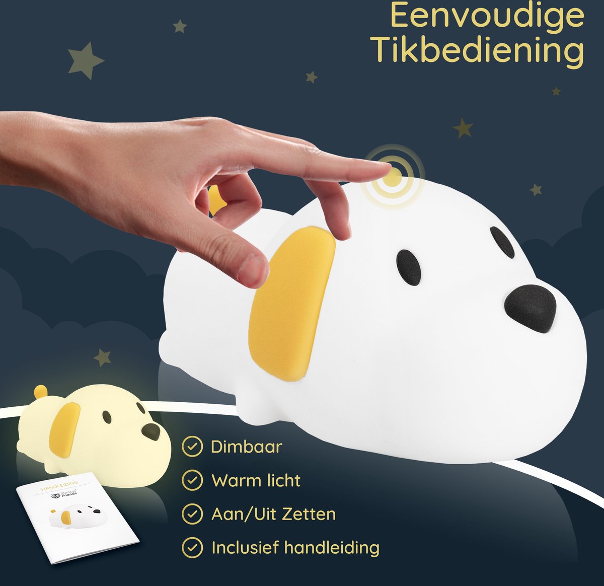 Sleepy Friends Kinder Nachtlicht Hund Grau 95x97x100 mm - Dimmbares USB Wiederaufladbares Nachtlicht für Baby und Kinderzimmer