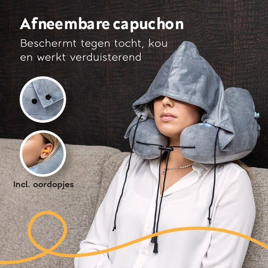 TRAVARA Aufblasbares Nackenkissen – The Airsnoozer – Reisekissen – Für Flugzeug und Auto – Mit Ohrstöpseln – Nackenkissen – Grau