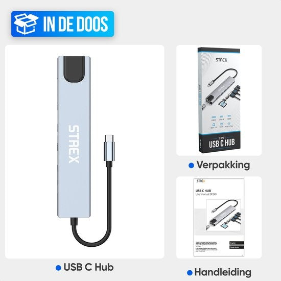 Strex 8 in 1 USB C Hub - Docking Station - USB Splitter - 4K HDMI - USB A - USB C - Ethernet - Micro SD - Geeignet für Laptop, Macbook, Windows