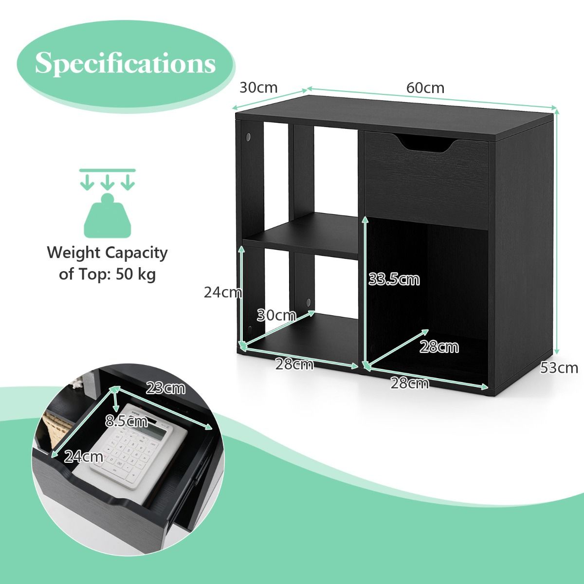 Coast Bücherregal aus Holz mit Schublade – 3 offene Fächer – schwarz – 60 x 30 x 53 cm
