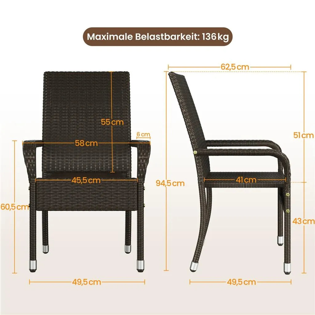 Yaheetech Gartenstühle, 2er-Set – Braun – Polyrattan – 58 x 62,5 x 94,5 cm – Stapelbar, mit Armlehnen