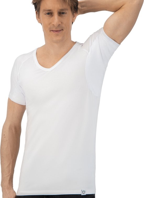 Anti Sweat Shirt - Fibershirts® - Eingenähte Achselpads - Unterhemd - Weiß - V-Ausschnitt - Herren - Größe XL