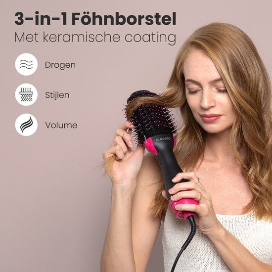 Auronic - 3-in-1 Haartrocknerbürste rund - Lang/Kurz/Style/Locken - Schwarz/Pink